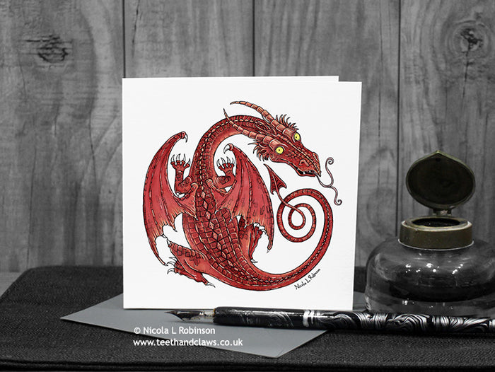 Red Celtic Dragon Greeting Card © Nicola L Robinson | Teeth and Claws