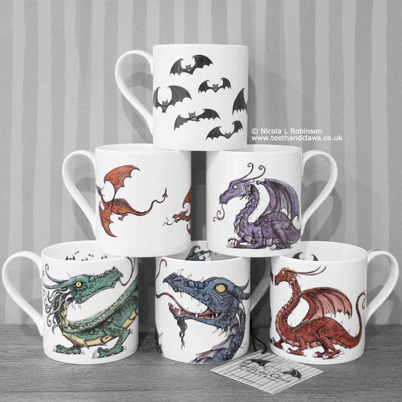 Dragon Mugs. Dragon gifts UK by Nicola L Robinson www.teethandclaws.co.uk English Fine Bone China Dragon Mugs now in stock