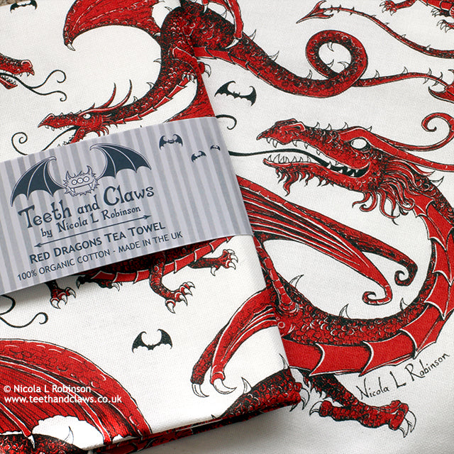 Organic Cotton Red Dragon Tea Towels © Nicola L Robinson | Teeth and Claws
