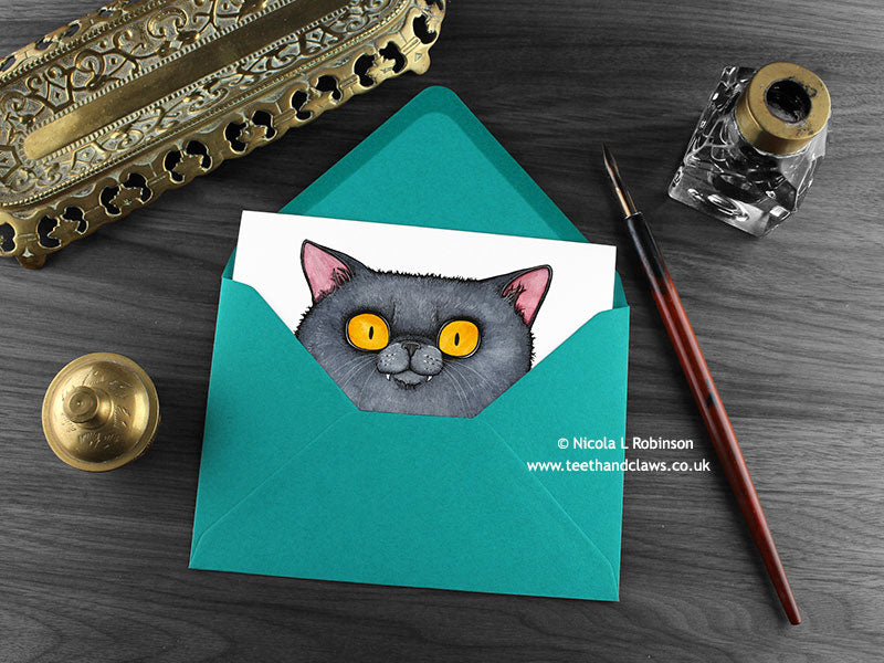 British shorthair cat greeting card, shown lying flat, with my original pen and ink illustration of a British shorthair cat, inside an open teal envelope. With vintage Victorian pen and writing desk accessories. Design and illustration © Nicola L Robinson | Teeth and Claws