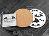Gothic Bats Coaster featuring my original pen and ink illustration of gothic bats, back view showing the cork backing, alongside one of my branded cards. Made in the UK. Design and illustration © Nicola L Robinson | Teeth and Claws.