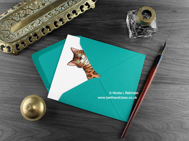 Bengal cat greeting card, shown lying flat, with my original pen and ink illustration of a Bengal cat, inside an open teal envelope. With vintage Victorian pen and writing desk accessories. Design and illustration © Nicola L Robinson | Teeth and Claws