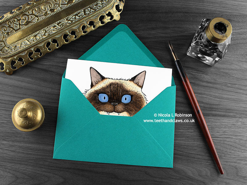 Birman cat greeting card, shown lying flat, with my original pen and ink illustration of a birman cat, inside an open teal envelope. With vintage Victorian pen and writing desk accessories. Design and illustration © Nicola L Robinson | Teeth and Claws