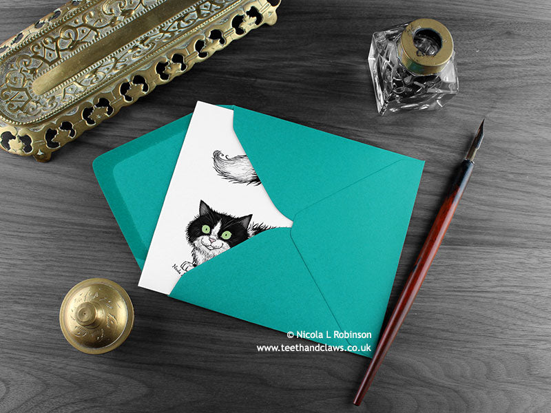 Black and white cat greeting card, shown lying flat, with my original pen and ink illustration of a tuxedo cat, inside an open teal envelope. With vintage Victorian pen and writing desk accessories. Design and illustration © Nicola L Robinson | Teeth and Claws