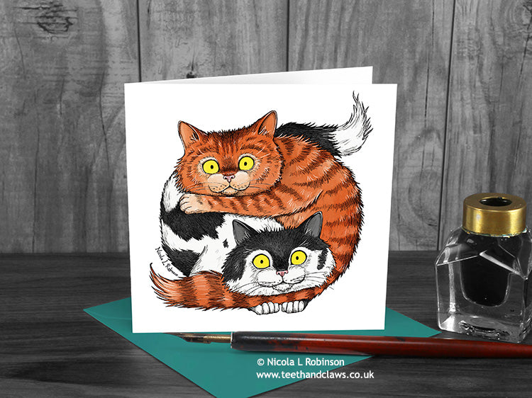 Two Cats Card - Ginger Cat & Black and White Cat © Nicola L Robinson | Teeth and Claws