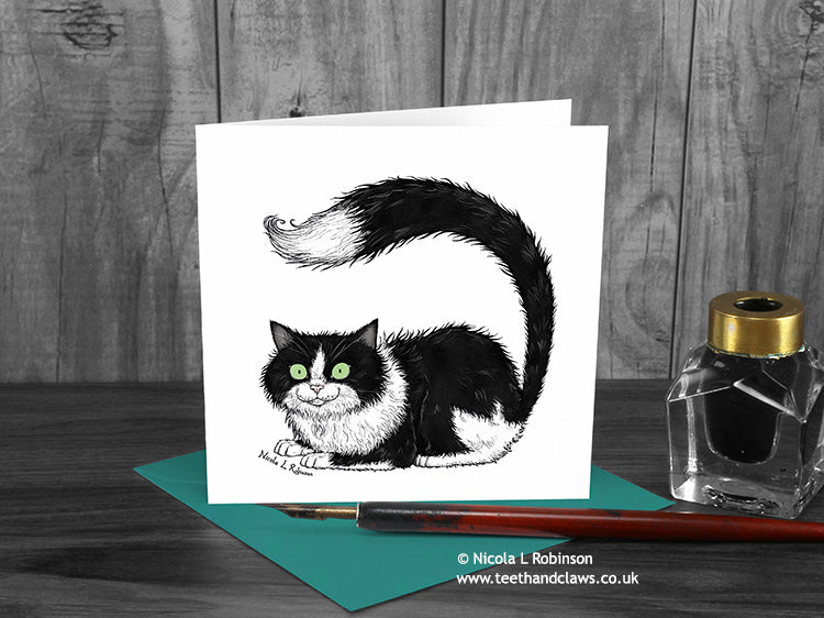 Black and White Cat Greeting Card © Nicola L Robinson | Teeth and Claws
