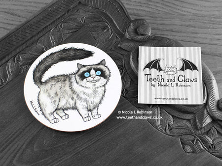 Ragdoll Cat Coaster featuring my original pen and ink illustration of a Ragdoll cat, front view alongside one of my branded cards. Made in the UK. Design and illustration © Nicola L Robinson | Teeth and Claws.