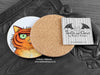 Persian Cat Coaster featuring my original pen and ink illustration of an orange Persian cat, also back view showing the cork backing, alongside one of my branded cards. Made in the UK. Design and illustration © Nicola L Robinson | Teeth and Claws.