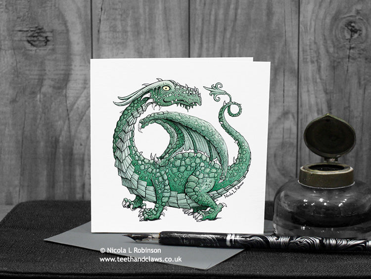 Green Friendly Dragon Greeting Card © Nicola L Robinson | Teeth and Claws