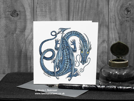 Blue Dragon Greeting Card - Dancing Dragon © Nicola L Robinson | Teeth and Claws