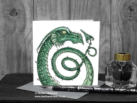 Green Celtic Spiral Dragon Greeting Card © Nicola L Robinson | Teeth and Claws