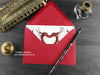 Dragon love greeting card, shown lying flat, with my original pen and ink illustration of two red dragons, inside an open red envelope. With vintage Victorian pen and writing desk accessories. Design and illustration © Nicola L Robinson | Teeth and Claws
