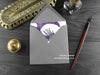 Flying Dragons Greeting Card, shown lying flat, with my original pen and ink illustration of flying dragons, inside an open grey envelope. With vintage Victorian pen and writing desk accessories. Design and illustration © Nicola L Robinson | Teeth and Claws