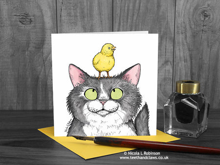 Cat Card - Cat and Chick © Nicola L Robinson | Teeth and Claws