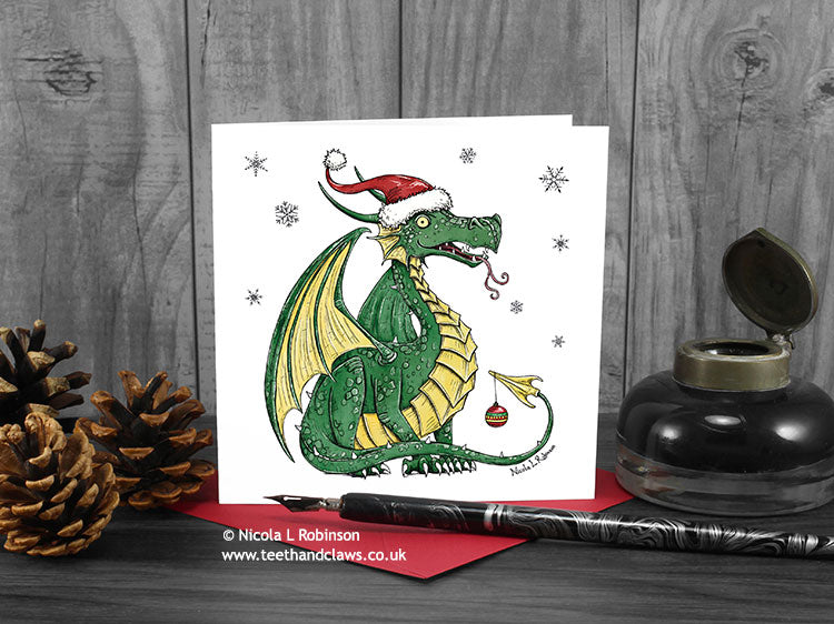 Dragon Christmas Card - Green Dragon - Square © Nicola L Robinson | Teeth and Claws