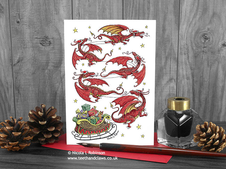 Dragon Christmas Card - Dragon Sleigh © Nicola L Robinson | Teeth and Claws