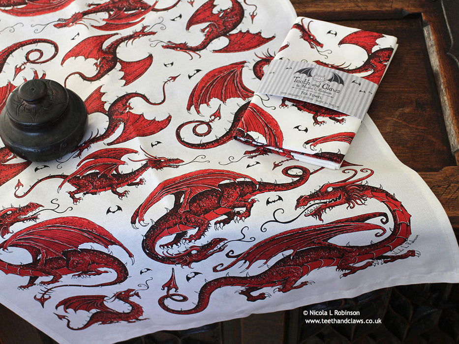 Red Dragons Organic Cotton Tea Towel © Nicola L Robinson | Teeth and Claws