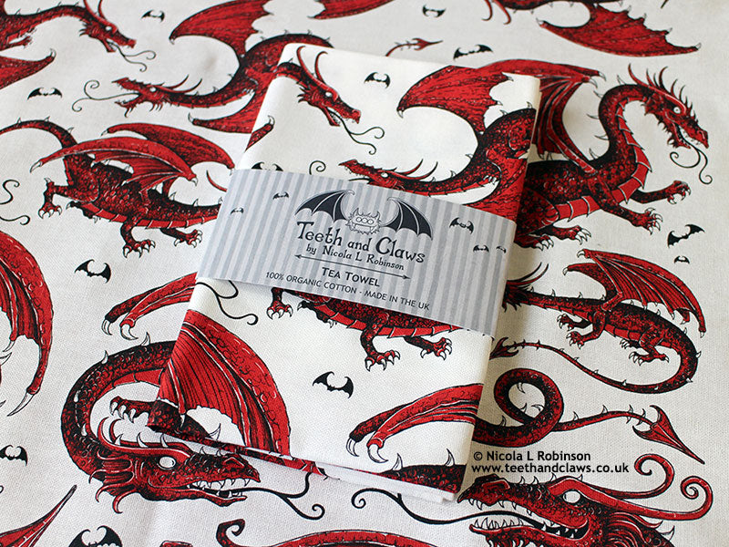 Red Dragons Organic Cotton Tea Towel © Nicola L Robinson | Teeth and Claws