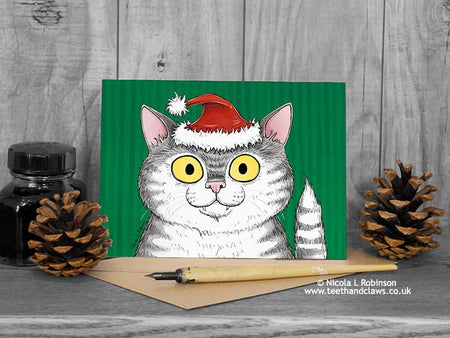 Cat Christmas Card - Grey Tabby Cat © Nicola L Robinson | Teeth and Claws