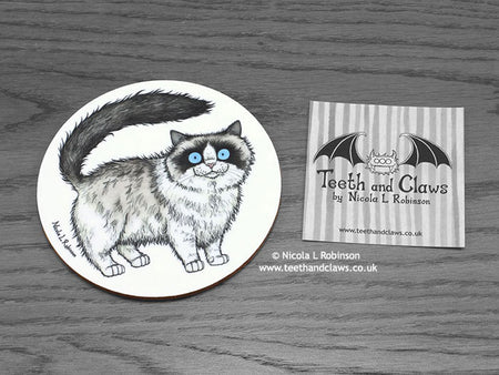 Ragdoll Cat Coaster featuring my original pen and ink illustration of a Ragdoll cat, front view alongside one of my branded cards. Made in the UK. Design and illustration © Nicola L Robinson | Teeth and Claws.
