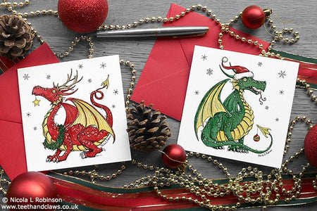 Dragon Christmas Cards - Square - Set of 6 © Nicola L Robinson | Teeth and Claws
